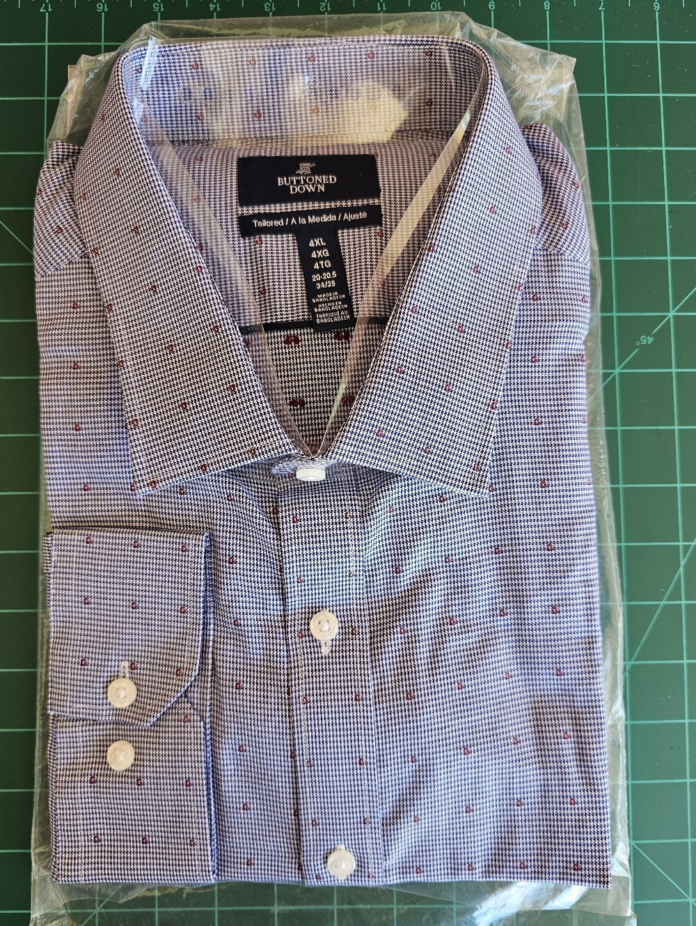 Buttoned Down Tailored Microcheck Dress Shirt in Blue with Red Dots Size 4XL